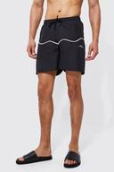 Mens Black Tall Mid Length Official Man Piping Swim Shorts