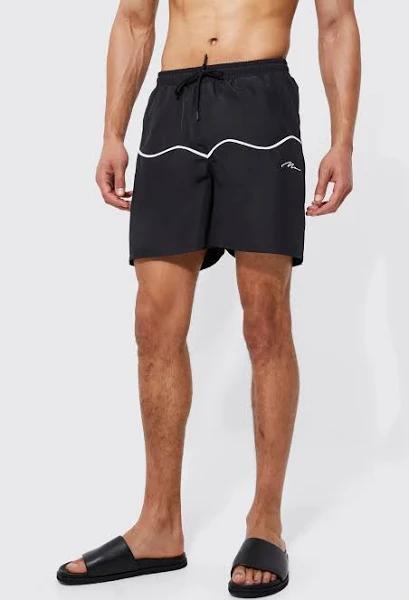 Mens Black Tall Mid Length Official Man Piping Swim Shorts