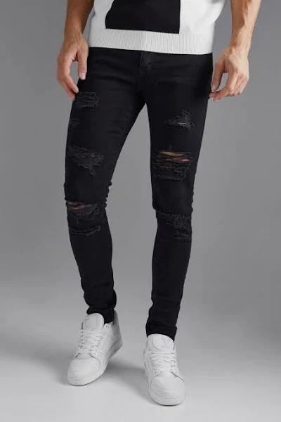 Mens Black Tall Skinny Stretch All Over Rip Jeans