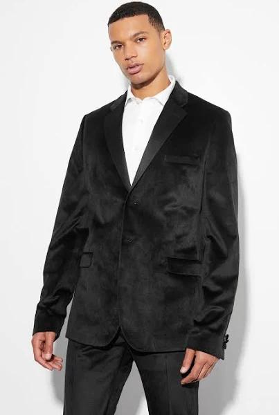Mens Black Tall Skinny Velour Satin Lapel Suit Jacket