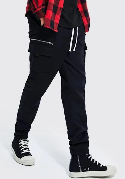 Mens Black Tall Slim Fit Extended Drawcord Cargo Trouser