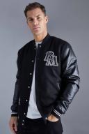 Mens Black Tall Suede Badge Bomber With PU Sleeves