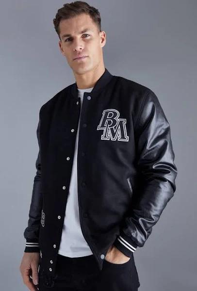 Mens Black Tall Suede Badge Bomber With PU Sleeves