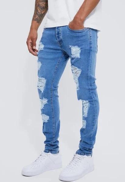 Mens Bleach Wash Skinny Stretch All Over Rip Jean