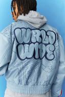 Mens Blue Boxy Printed PU Collared Bomber