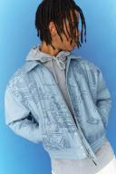 Mens Blue Boxy Printed PU Collared Bomber