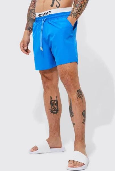 Mens Blue Mid Length Homme Waistband Swim Shorts