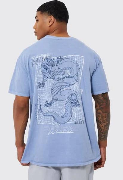 Mens Blue Oversized Overdyed Dragon Graphic T-Shirt