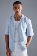 Mens Blue Short Sleeve Drop Revere Textured Stripe Shirt