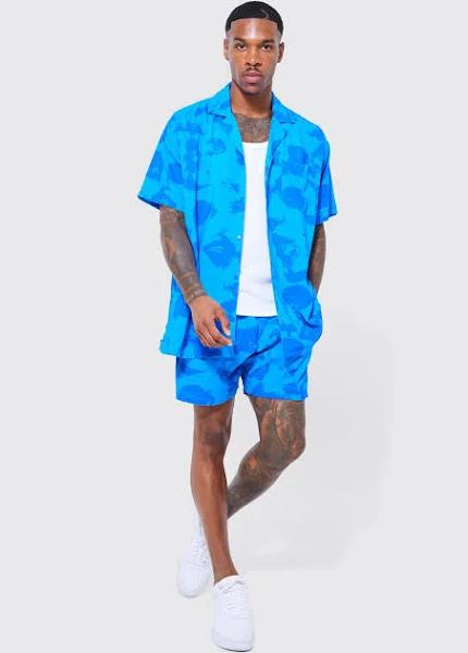 Mens Blue Short Sleeve Oversized Viscose Face Shirt and Short