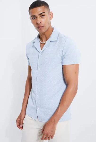 Mens Blue Short Sleeve Revere Boucle Shirt