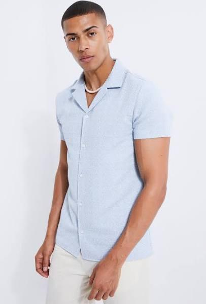 Mens Blue Short Sleeve Revere Boucle Shirt