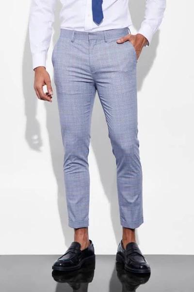 Mens Blue Skinny Crop Turn Up Hem Check Suit Trousers