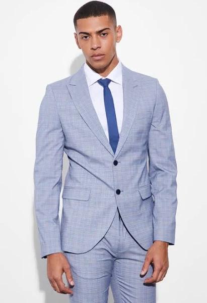 Mens Blue Skinny Single Breasted Check Suit Jacket