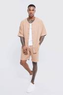Mens Brown Short Sleeve Oversized Linen Baseball Shirt & Short Set