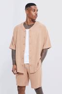 Mens Brown Short Sleeve Oversized Linen Baseball Shirt & Short Set