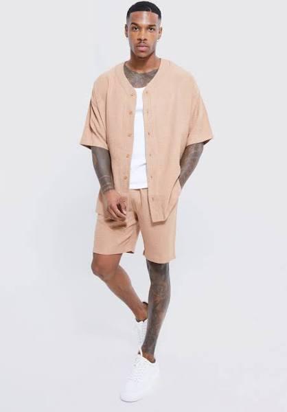 Mens Brown Short Sleeve Oversized Linen Baseball Shirt & Short Set