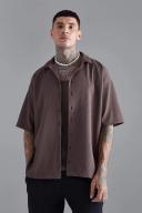 Mens Brown Short Sleeve Pleated Oversized Shirt