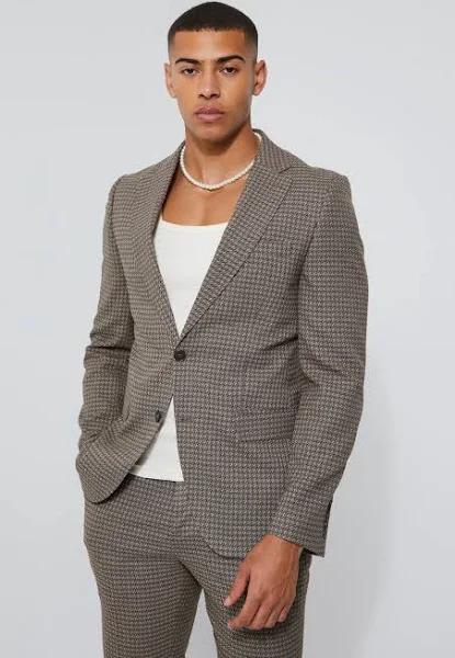 Mens Brown Toosii Skinny Single Breasted Dogstooth Suit Jacket