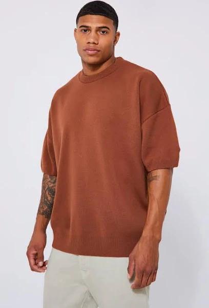 Mens Burnt Orange Oversized Drop Shoulder Knitted T-Shirt