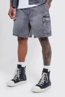 Mens Charcoal Elastic Waist Relaxed Acid Wash Cargo Shorts