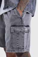 Mens Charcoal Elastic Waist Relaxed Acid Wash Cargo Shorts