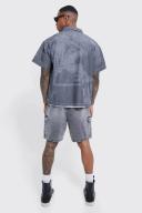 Mens Charcoal Elastic Waist Relaxed Acid Wash Cargo Shorts