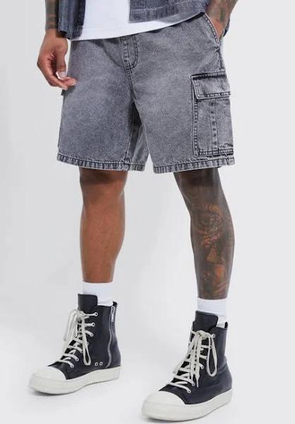 Mens Charcoal Elastic Waist Relaxed Acid Wash Cargo Shorts