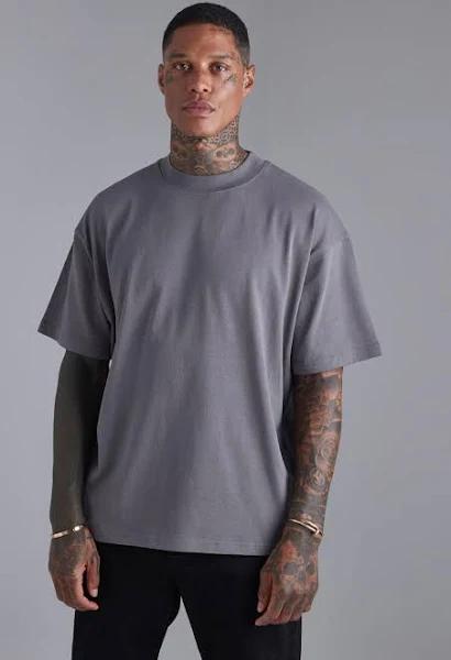 Mens Charcoal Oversized Extended Neck Heavy T-Shirt