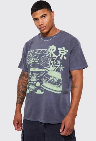 Mens Charcoal Oversized Overdyed Tokyo Car Print T-Shirt
