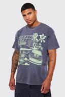 Mens Charcoal Oversized Overdyed Tokyo Car Print T-Shirt