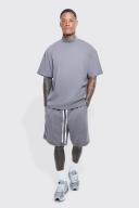 Mens Charcoal Oversized T-Shirt & Dropped Crotch Short Set