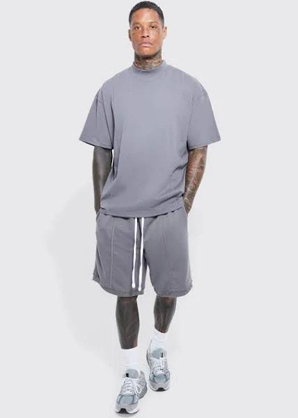 Mens Charcoal Oversized T-Shirt & Dropped Crotch Short Set