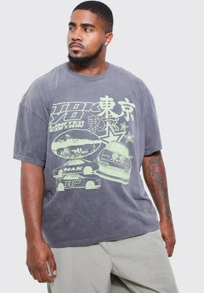 Mens Charcoal Plus Oversized Overdyed Tokyo Car T-Shirt