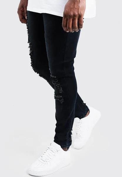 Mens Charcoal Plus Size Distressed Skinny Fit Jeans