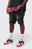 Mens Charcoal Plus Skinny Stretch Distressed Denim Short