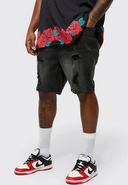Mens Charcoal Plus Skinny Stretch Distressed Denim Short