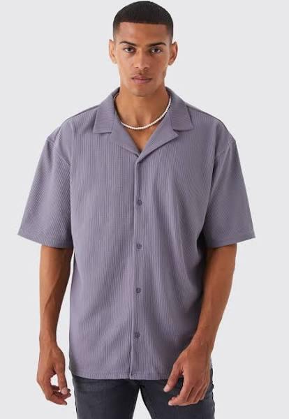 Mens Charcoal Short Sleeve Boxy Revere Rib Jersey Shirt