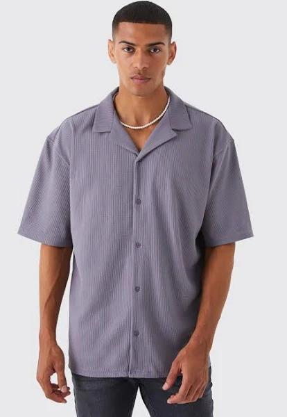 Mens Charcoal Short Sleeve Boxy Revere Rib Jersey Shirt