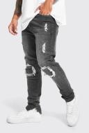 Mens Charcoal Skinny Stretch Rip and Repair Jeans With Zips
