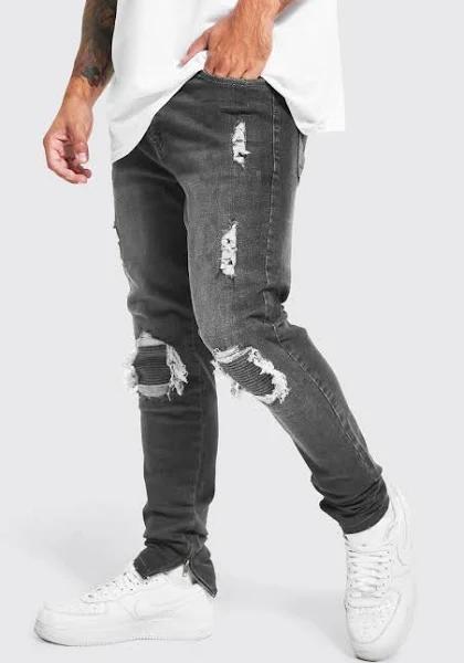Mens Charcoal Skinny Stretch Rip and Repair Jeans With Zips