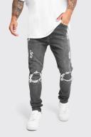 Mens Charcoal Skinny Stretch Rip and Repair Jeans With Zips