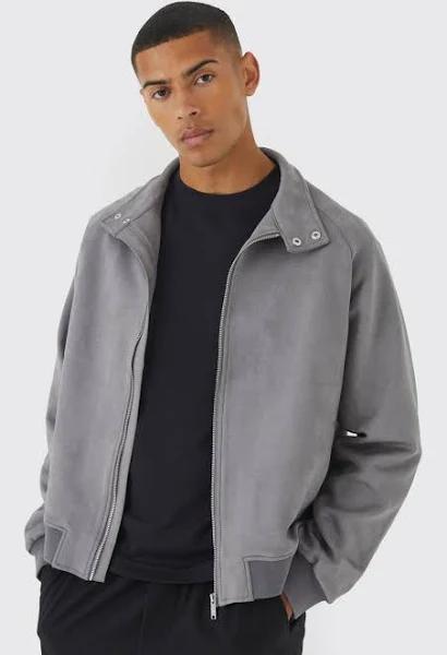 Mens Charcoal Suedette Funnel Neck Bomber