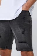 Mens Charcoal Tall Skinny Stretch Distressed Denim Short
