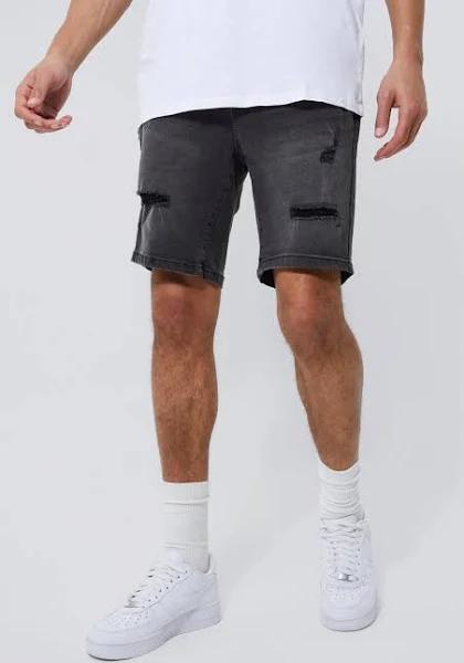 Mens Charcoal Tall Skinny Stretch Distressed Denim Short