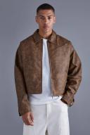 Mens Chocolate Boxy Tumbled PU Collared Bomber