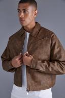 Mens Chocolate Boxy Tumbled PU Collared Bomber