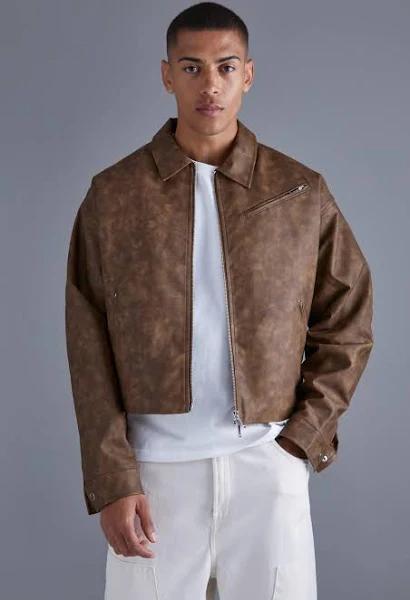 Mens Chocolate Boxy Tumbled PU Collared Bomber
