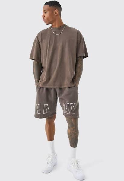 Mens Chocolate Oversized Overdyed Rally T-Shirt & Short Set