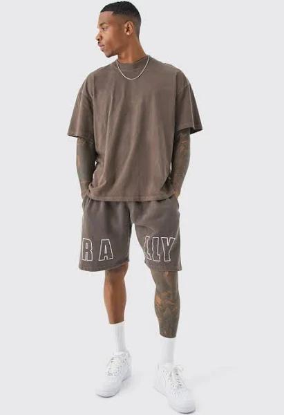 Mens Chocolate Oversized Overdyed Rally T-Shirt & Short Set